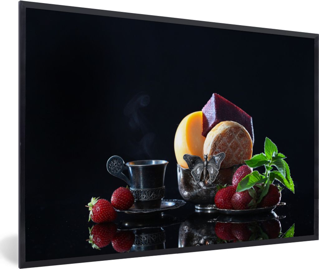 MuchoWow Gerahmtes Poster Rustikal - Obst - Käse - Tisch - Stilleben 60x40 cm - Poster mit Schwarzem Bilderrahmen Wandposter Rahmen Foto Bilder ...