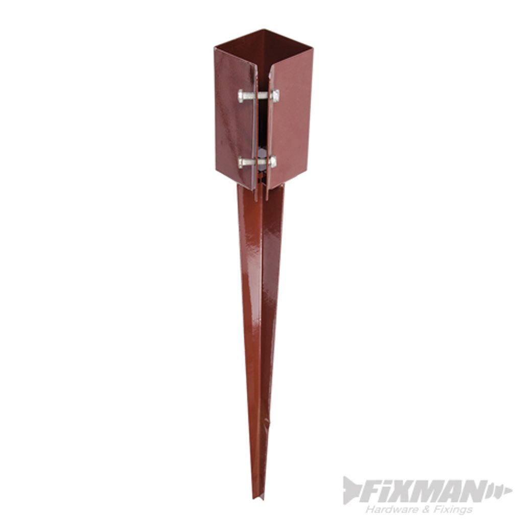 A brown metal post anchor with a pointed base and a square top section secured by bolts.