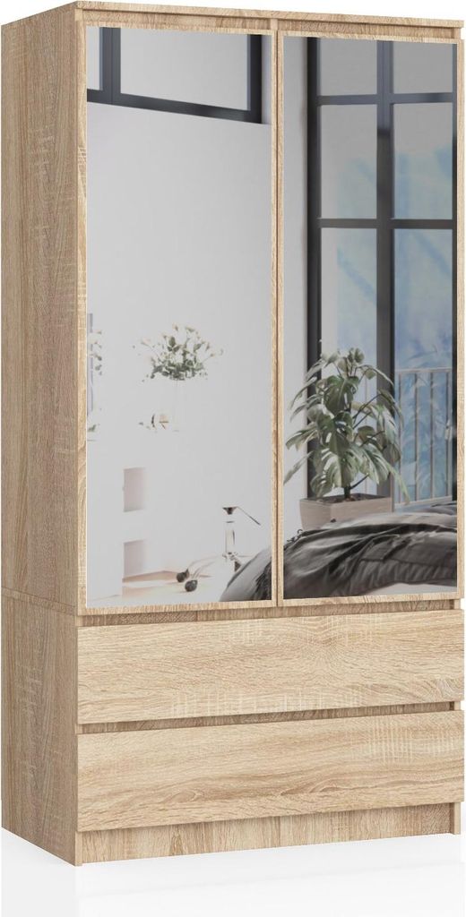 Kleiderschrank – Schlafzimmerschrank 2 Türen mit Kleiderstange – 90 cm – Sonoma Eiche – Funktionaler Drehtürenschrank mit Spiegel und 2 S...