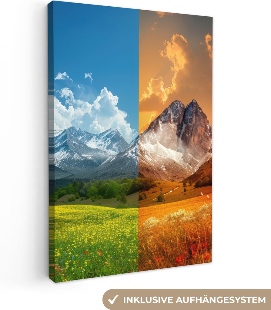 MuchoWow - Leinwandbilder - Landschaft - 4 Jahreszeiten - Natur - Winter - Frühling - Sommer - Herbst, Wandbild, Wanddeko Bilder Wohnzimmer, 80x...