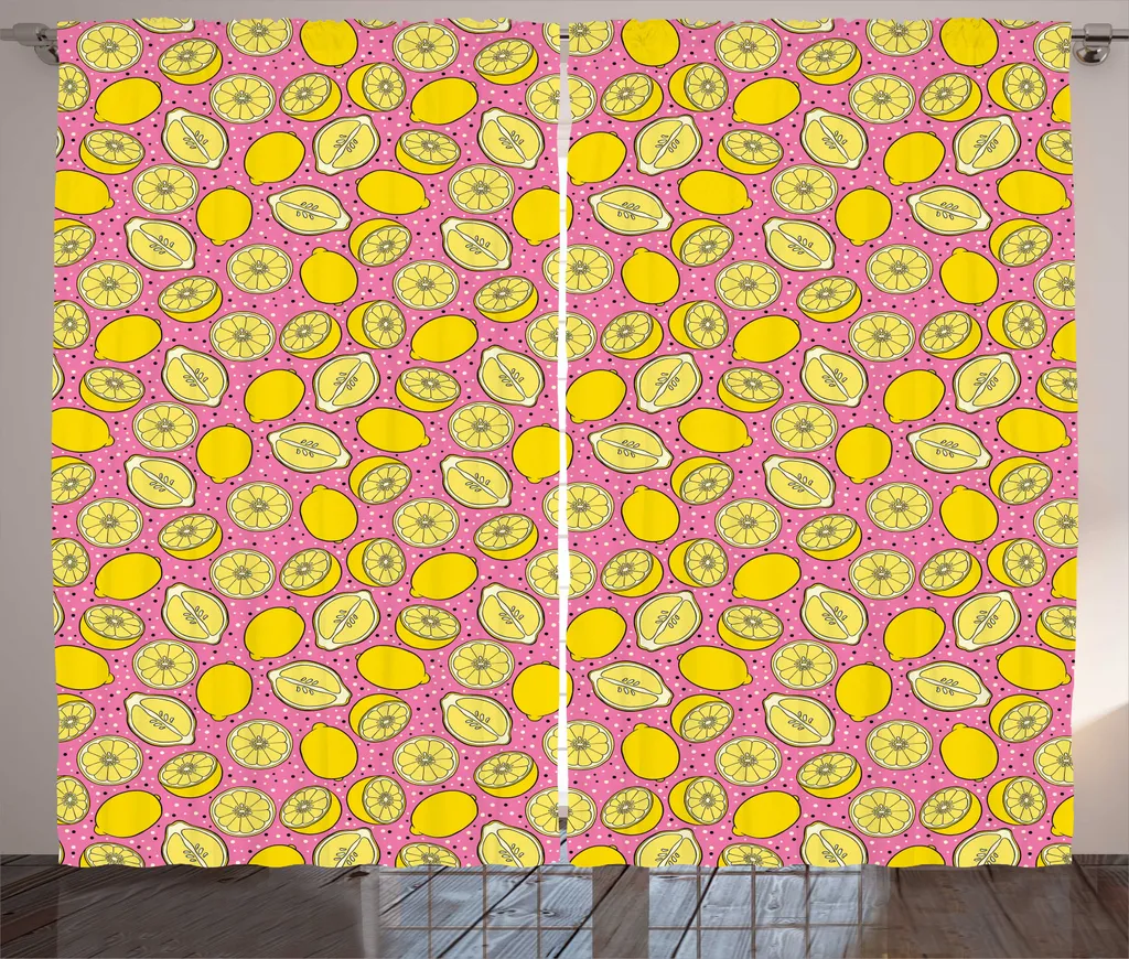Rideau Largeur 280cm pour Grande Fenêtre Motif Citron Rose Jaune Crème
