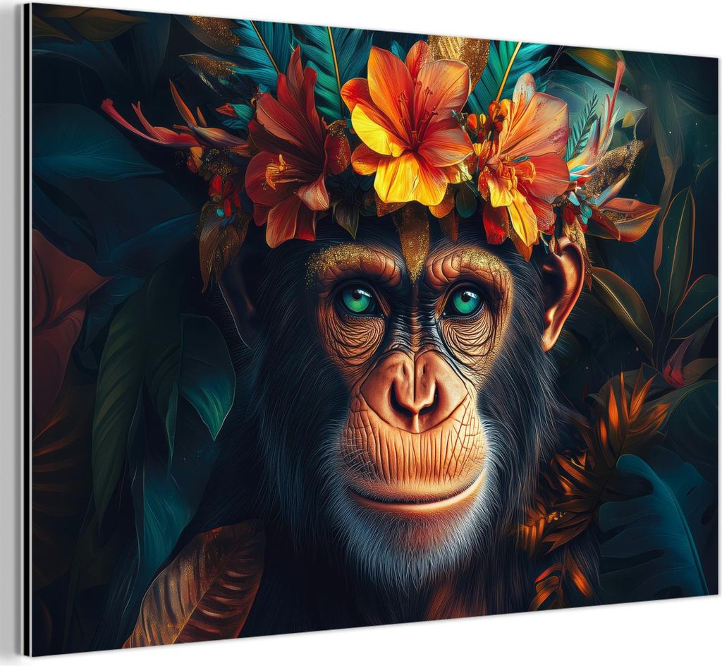 MuchoWow Wanddekoration Metall Metallbild Wandkunst 60x40 cm Schimpanse - Affe - Dschungel - Blumen - Tier MuchoWow Aluminium Gemälde - Gemälder