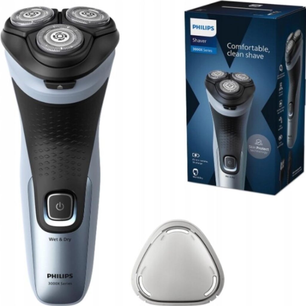 A Philips Series 3000X electric shaver and its packaging are displayed.