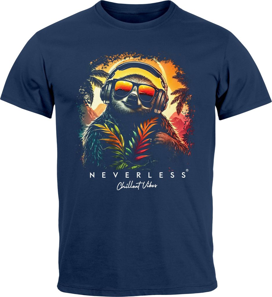 Herren T-Shirt Musik DJ Chill Faultier Print Aufdruck Relax Sommer Fashion Streetstyle Neverless navy 4XL