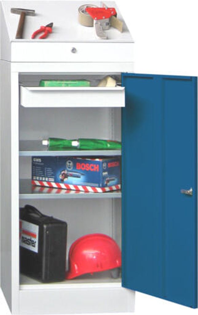 Stehpult mit Schrank - Vollblechtür - Zylinderschloss - 2 Einlegeböden, 1 Schublade - 1.270x500x500 mm (HxBxT) - reinorange/feuerrot