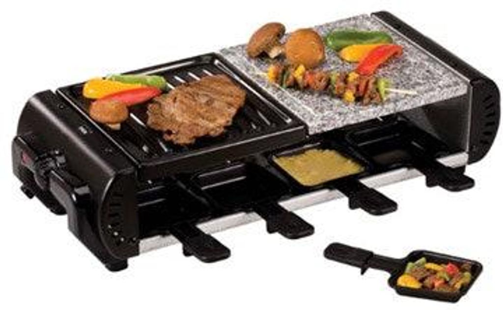A raclette and barbecue grill with food items on it, including steak, vegetables, and skewers.