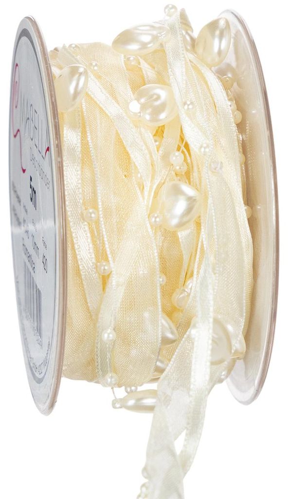 Dekoband Creme Herzen Perlen Hochzeit 10mm 5m Seidenband DIY Deko