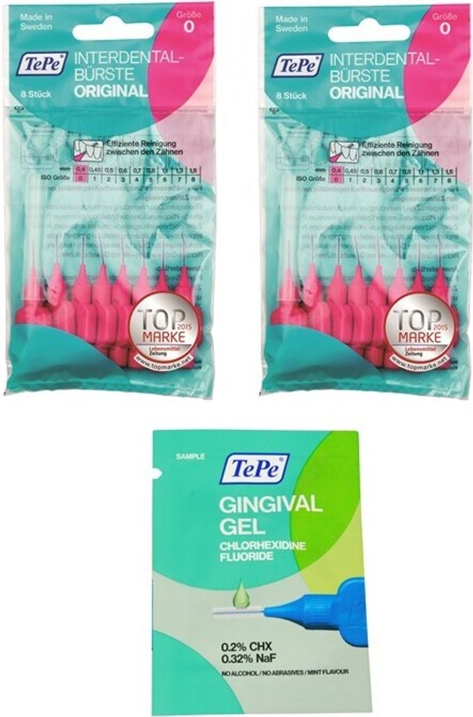 2x8 TePe Original Interdentalbürsten - 0,4mm pink + 2ml Gingivalgel