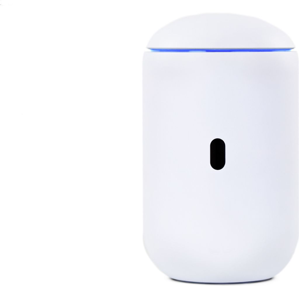 A white cylindrical electronic device with a blue light strip at the top and a black oval sensor on the front, set against a white background.