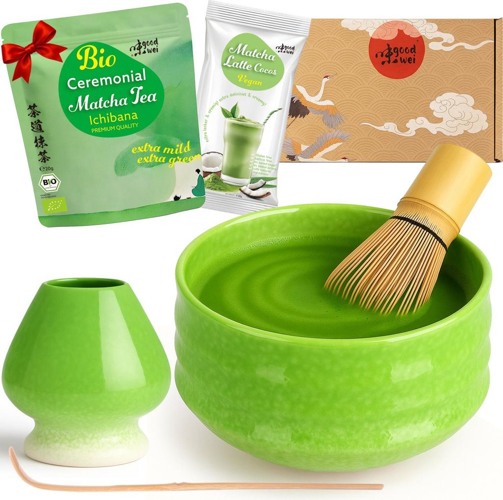 Matcha Teezeremonie Set "Midori" mit Schale, Besen, Besenhalter & Matchapulver + Cocos – edles Komplettset für Matcha-Genuss und Zeremonie