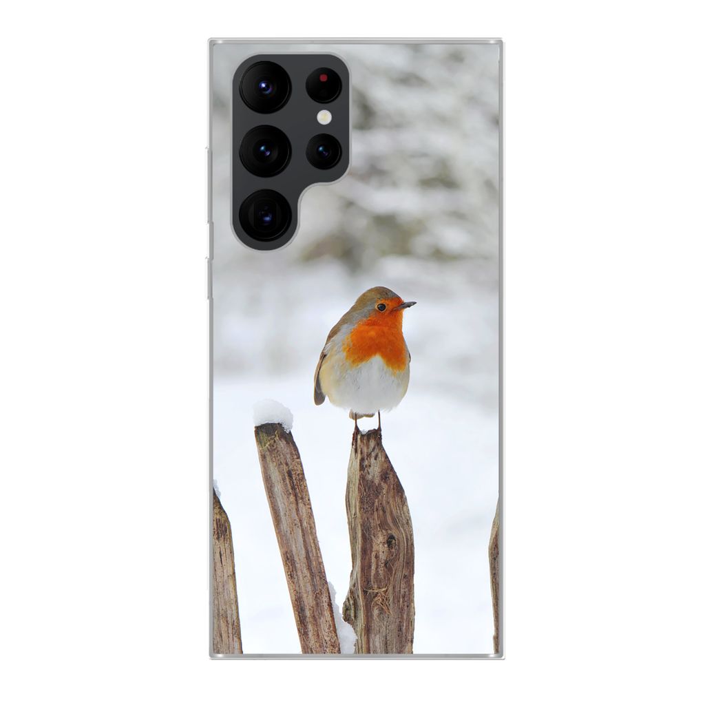 MuchoWow Handyhülle Schutzhülle Hülle für Samsung Galaxy S22 Ultra Vogel - Zaun - Schnee Silikon Softcase Handy Hülle - Abbildung