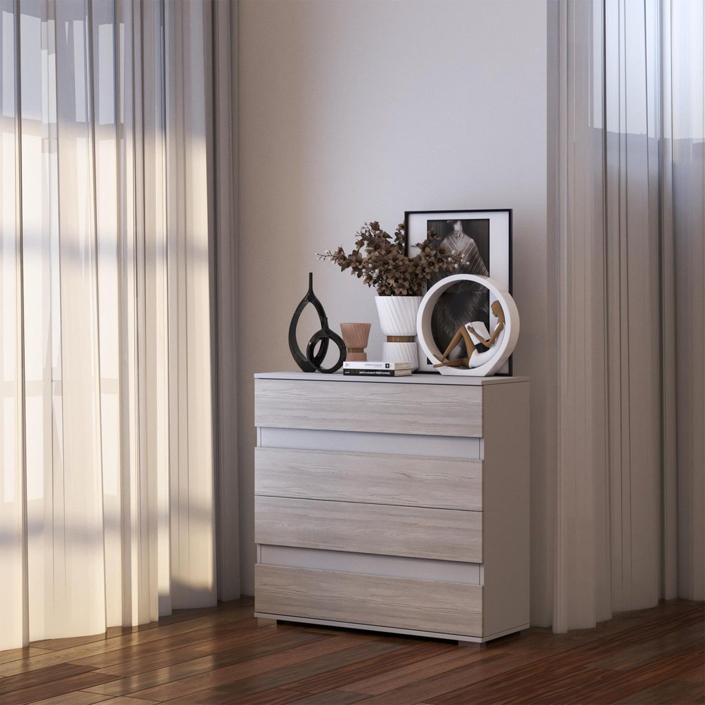 Kommode Sideboards Highboard 90 cm Weiß/Kathult Grau mit vier Schubladen Helios