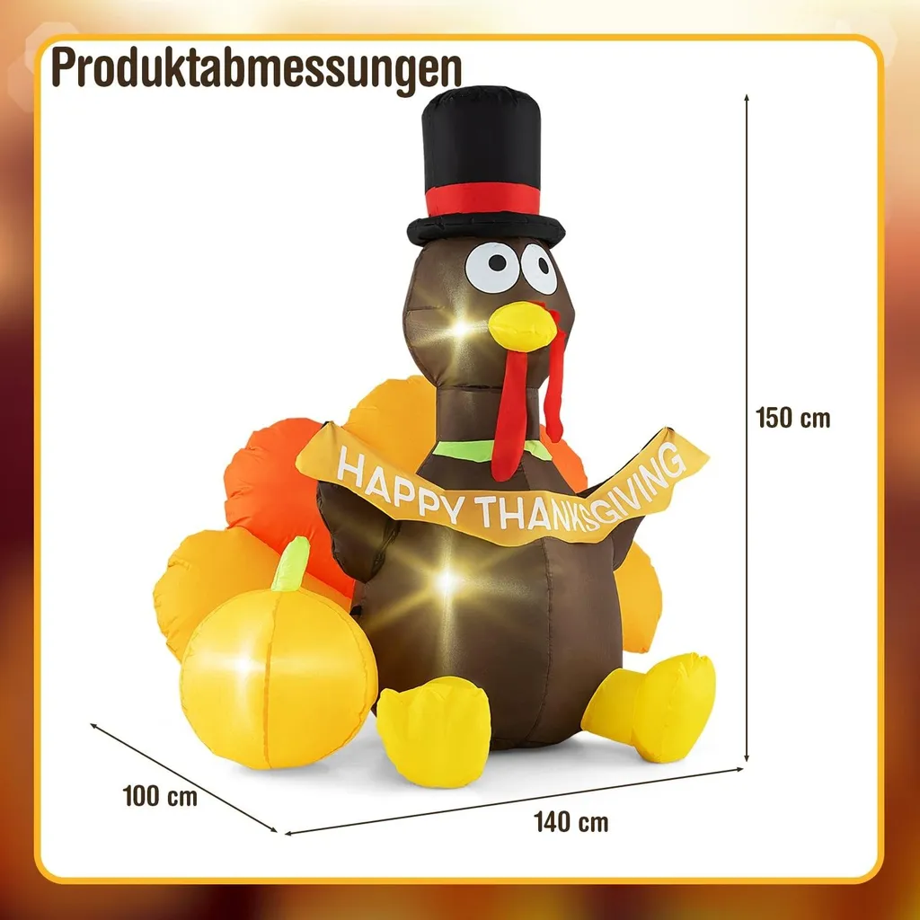 Dinde gonflable 150 cm avec LED et citrouille, tissu haute densité D3 - 2