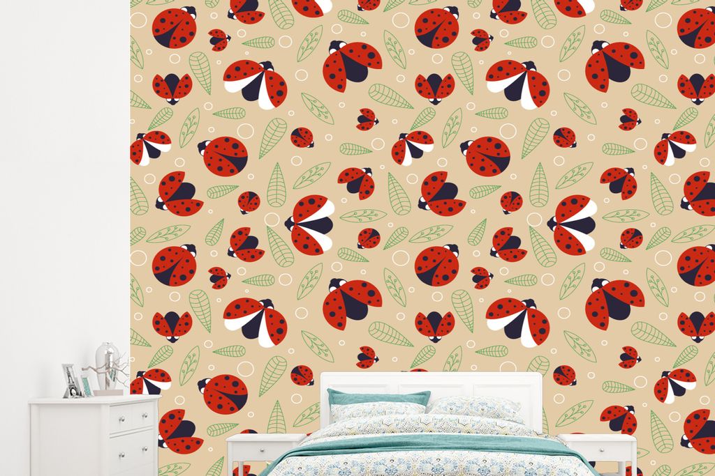 MuchoWow Fototapete für Wohnzimmer oder Schlafzimmer Wandtapete Vinyl Motivtapete Marienkäfer - Blätter - Design - 265x240 cm - Zimmer für Ki...