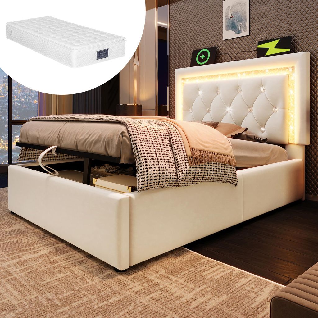 MODFU Polsterbett 90x200 Einzelbett mit integrierte LED-Streifen und Diamantknöpfen,Jugendbett mit USB & Type-C Ladestation,Bettgestell mit Matrat...