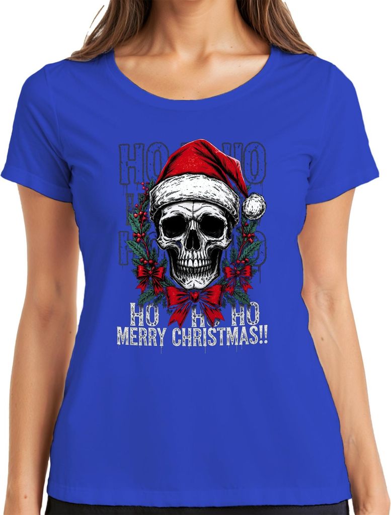 HO HO HO MERRY CHRISTMAS Totenkopf Weihnachtskranz Gothic böse Damen T-Shirt, Blau, 3XL