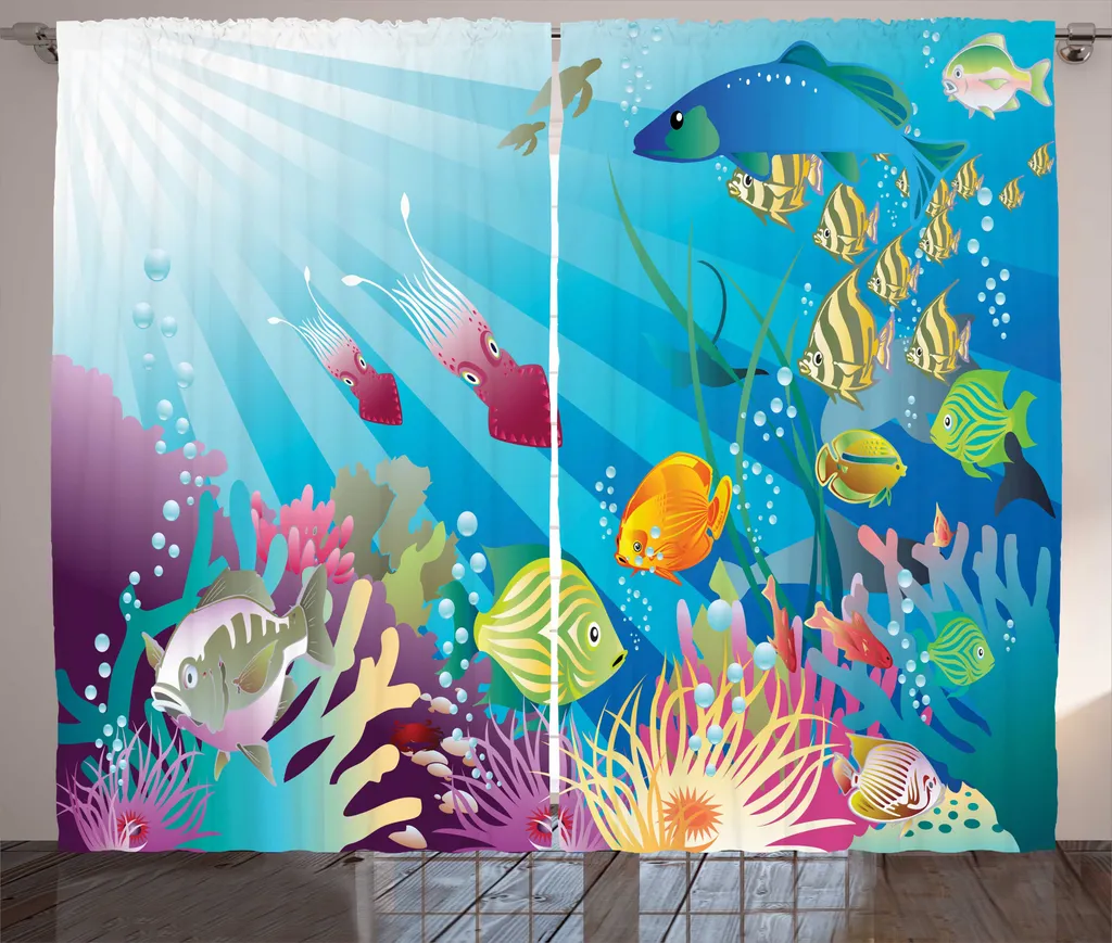 Rideau de Chambre Multicolore Motif Poissons avec Crochets 280x225cm