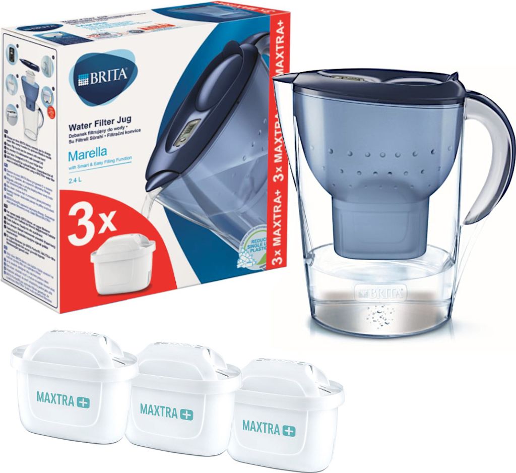 A Brita water filter jug and its packaging, along with three replacement filter cartridges.