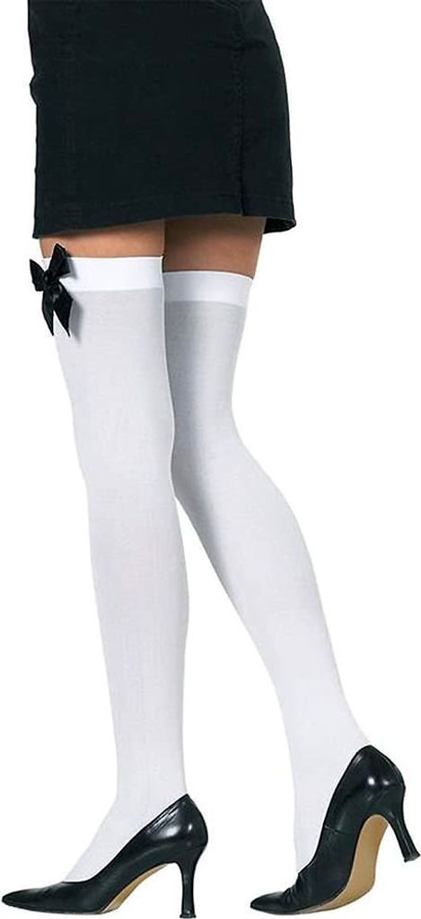 A person's legs wearing white thigh-high stockings with black bows and black high heels.