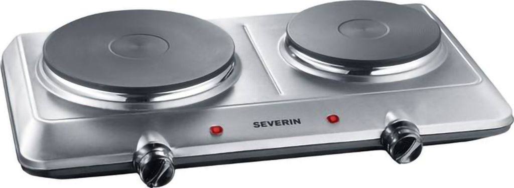 A silver electric double hot plate with black heating elements and knobs, and red indicator lights.