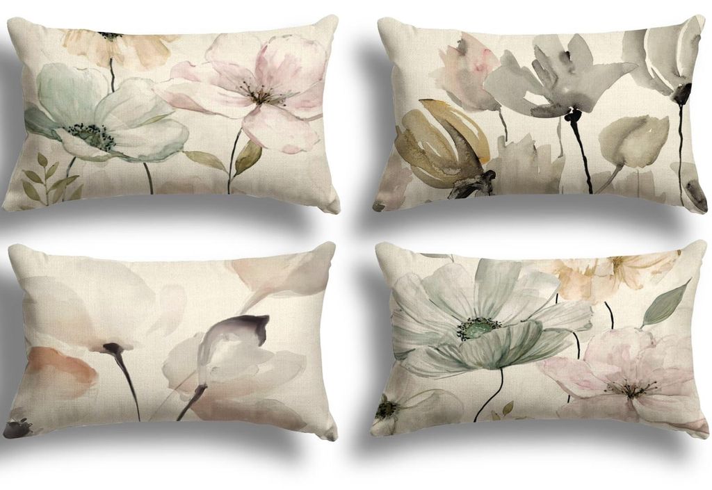 Set mit 4 Kissenbezügen mit Blumenmuster, 30x50 cm, dekorative Outdoor-Kissen, Leinenkissenbezüge mit Aquarellblumen für Sofas und Wohnzimmer.