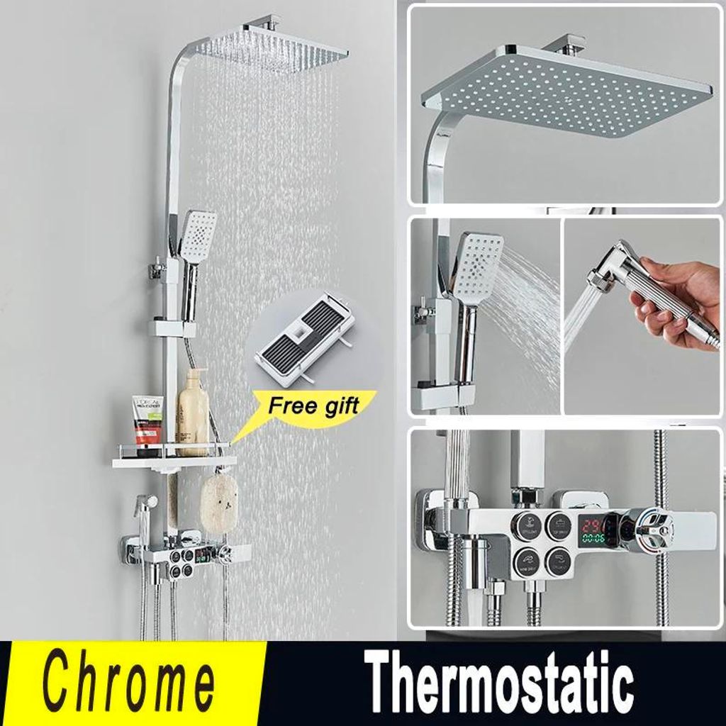 LCD Duschsystem - Thermostatische Regendusche zur Wandmontage - Temperaturanzeige (wasserbetrieben) - Handbrause & Bidetbrause - Wannenauslauf/Schw...