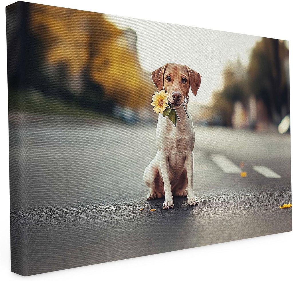 Keilrahmen - Sonnenblume im Maul - 30x20 cm - Katzen und Hunde - Wandbild auf Künstler Leinwand – Hochwertiger Kunstdruck - 2cm Holzrahmen