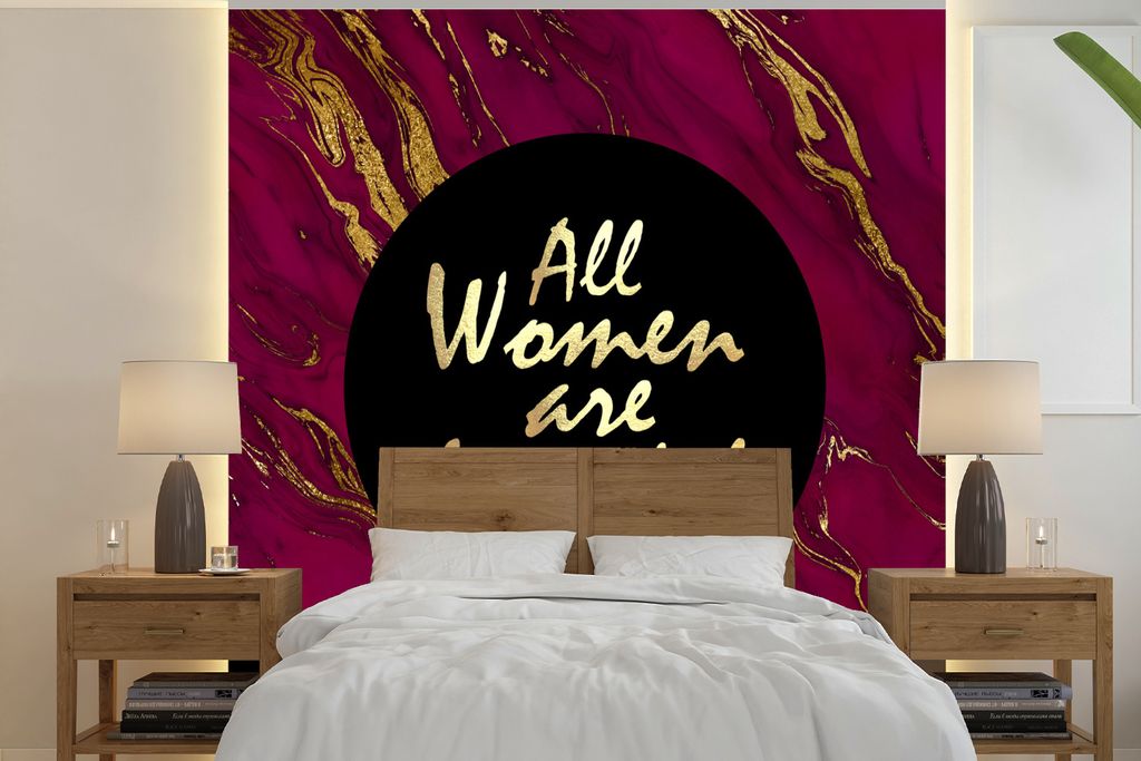 MuchoWow Fototapete für Wohnzimmer oder Schlafzimmer Wandtapete Vinyl Motivtapete Zitat - Frau - Gold - Bordeaux - 300x300 cm - Wanddekoration