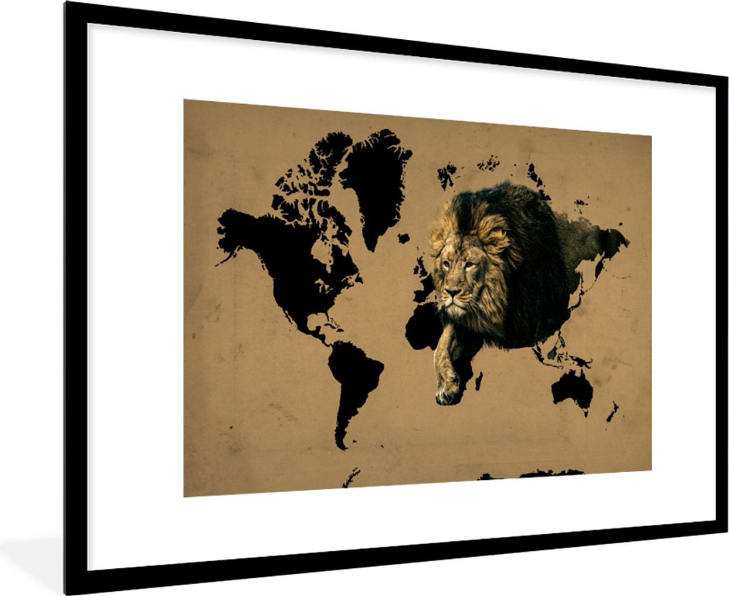 MuchoWow MuchoWow Gerahmtes Poster Weltkarte - Braun - Löwe 90x60 cm - Poster mit zchwarzem Bilderrahmen - Wanddekoration - Fotos