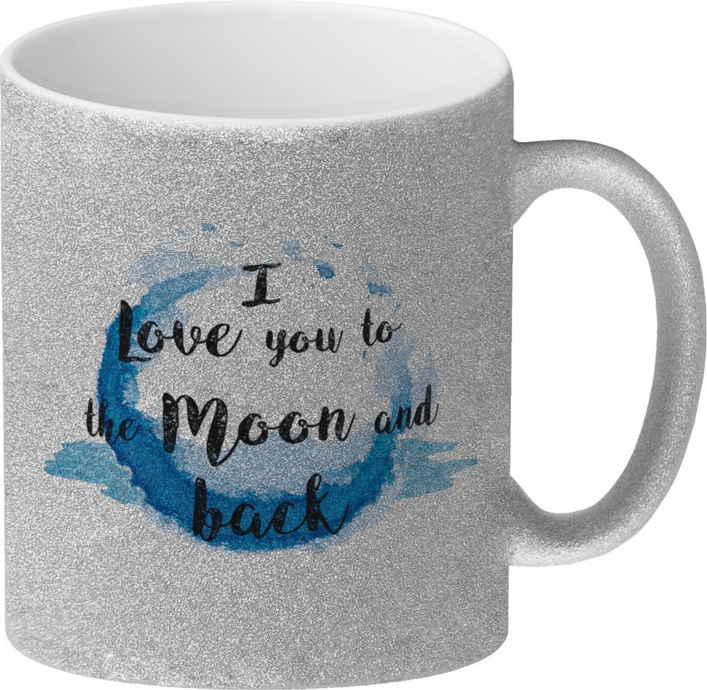 I love you to the Moon and back Valentinstag Glitzer-Kaffeebecher in blau