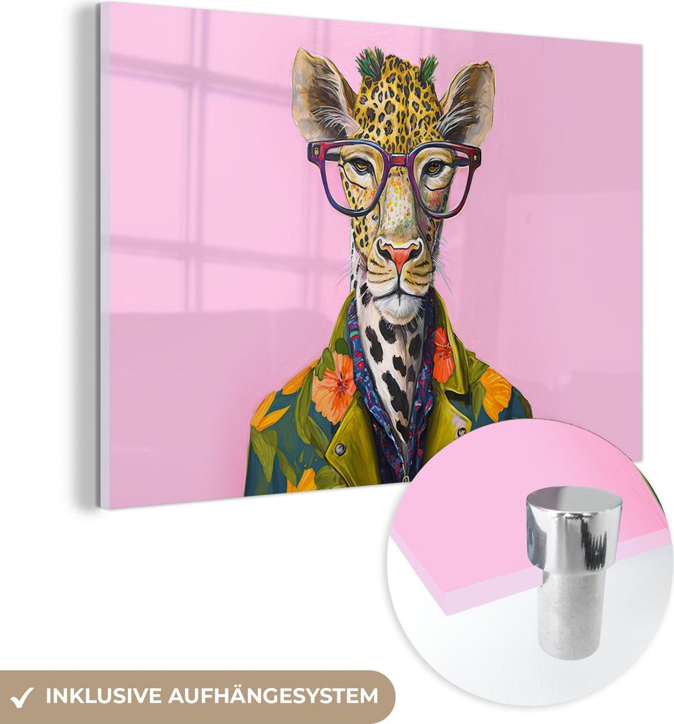 MuchoWow Glasbilder - Bilder auf Wandbild - Foto auf Glas Tiere - Giraffe - Brille - Blumen 60x40 cm Wanddekoration aus Glas - Acrylglasbild - Acry...
