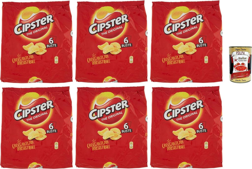 Cipster the Original, Chips di Patate Croccanti, Knusprige Kartoffelchips, leichter Geschmack und ikonische Form, 6x 132 g + Italian Gourmet polpa ...