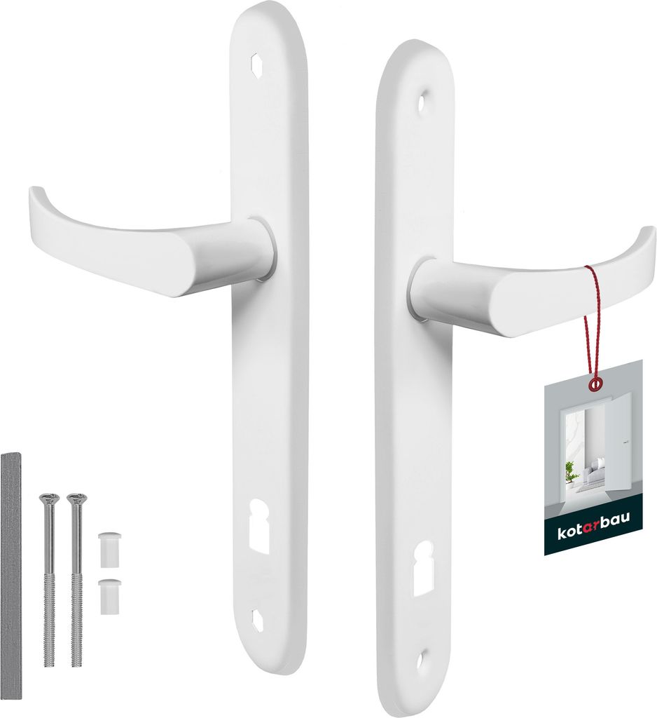 Two white door handles with mounting hardware and a product tag.