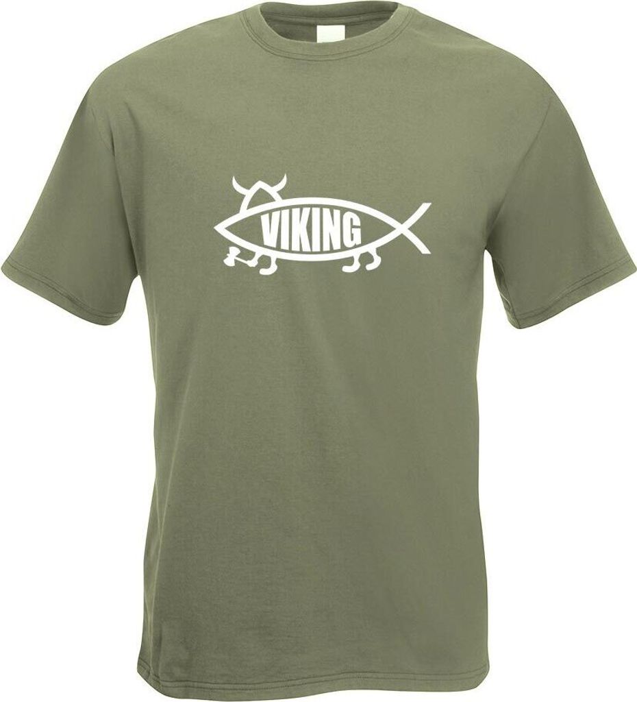 Kiwistar - T-Shirt - Olive - Viking Fisch Motiv Bedruckt Funshirt Design Print - mit Motiv Bedruckt - Funshirt Design - Sport - Freizeit - Herren - L