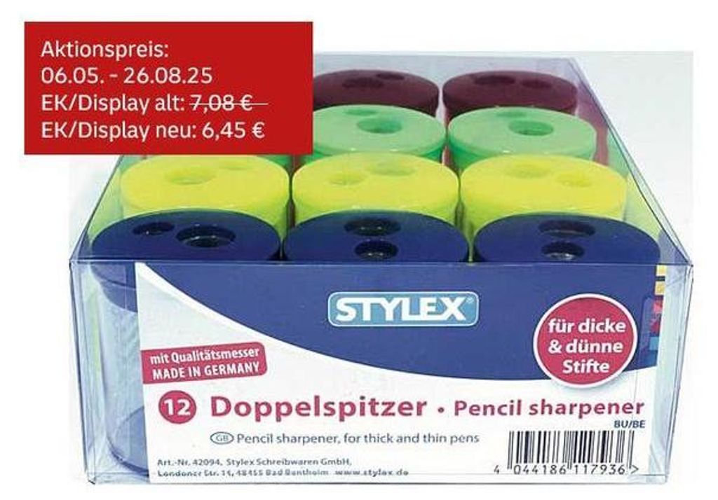 Doppelspitzer ''Tonne'' farbl.sort. - 1 Stück Produktbild 