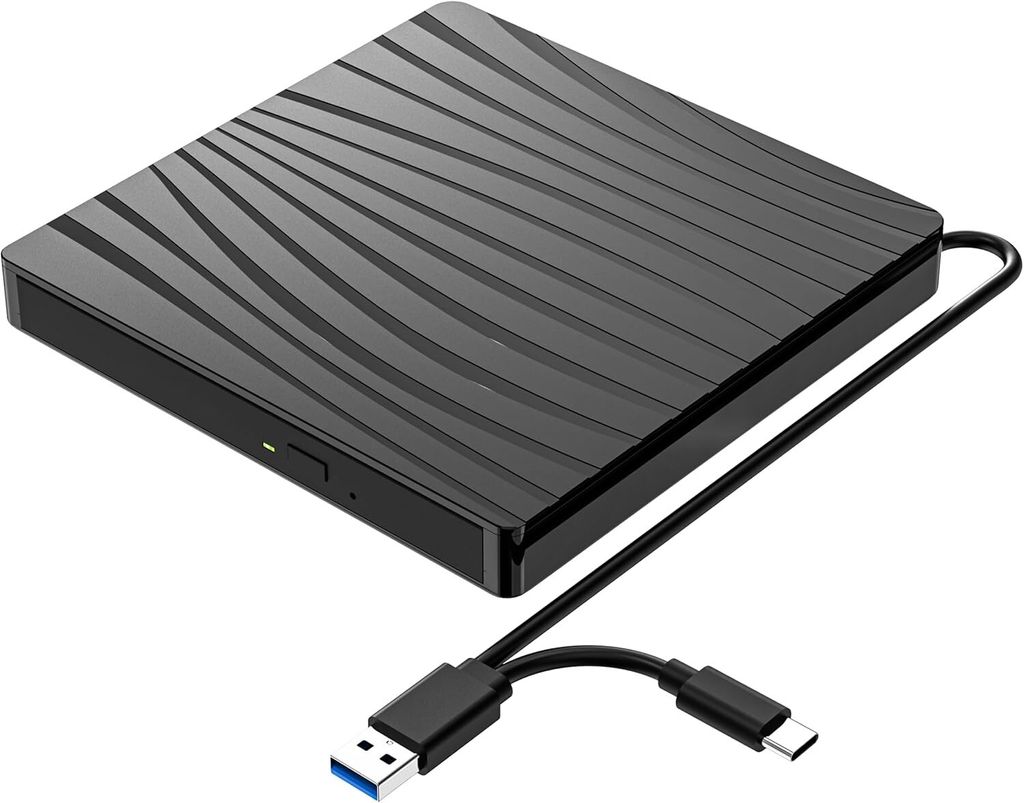 ZELURXX Externes DVD-Laufwerk, USB 3.0 und Typ-C, tragbares optisches CD-DVD-+/-RW-Brennerlaufwerk, für Laptop, PC, Desktop, MacBook, iMac, Schwarz
