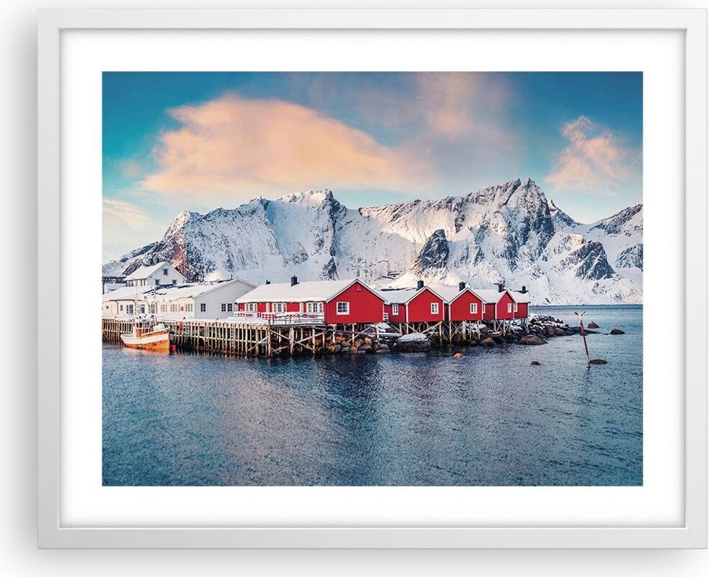 Gerahmtes Poster - Weißer Rahmen - Lofoten Dorf Angeln - 50x40 cm - Wand Bild - Wanddeko - Wandbilder - Kunstposter - Wandposter - Bilderrahmen - ...