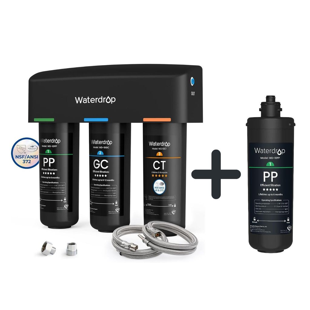 A Waterdrop under-sink water filter system with three filter cartridges and an additional replacement filter, along with hoses and connectors, displayed against a white background.