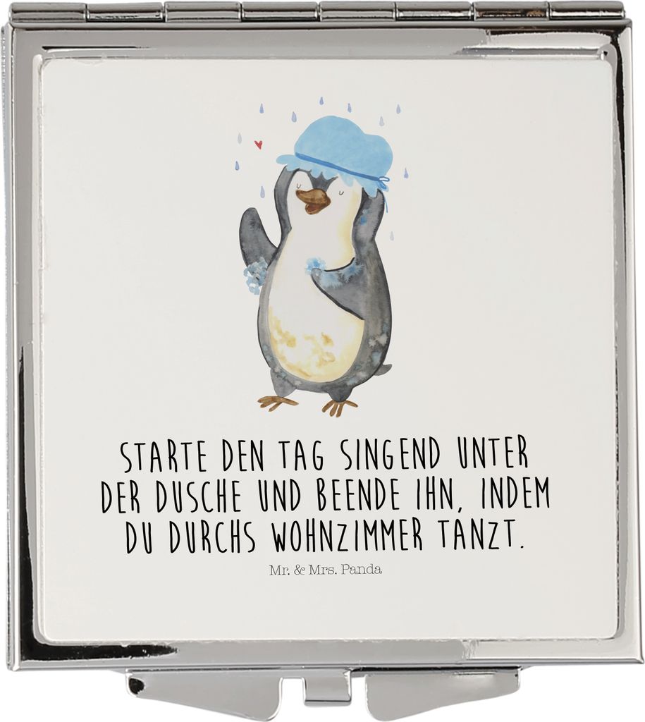 Mr. & Mrs. Panda Mini Spiegel Pinguin Duschen - Weiß - Geschenk, Neustart, Schminkspiegel klein, Handspiegel, Motivation, Kosmetikspiegel, Singen,...