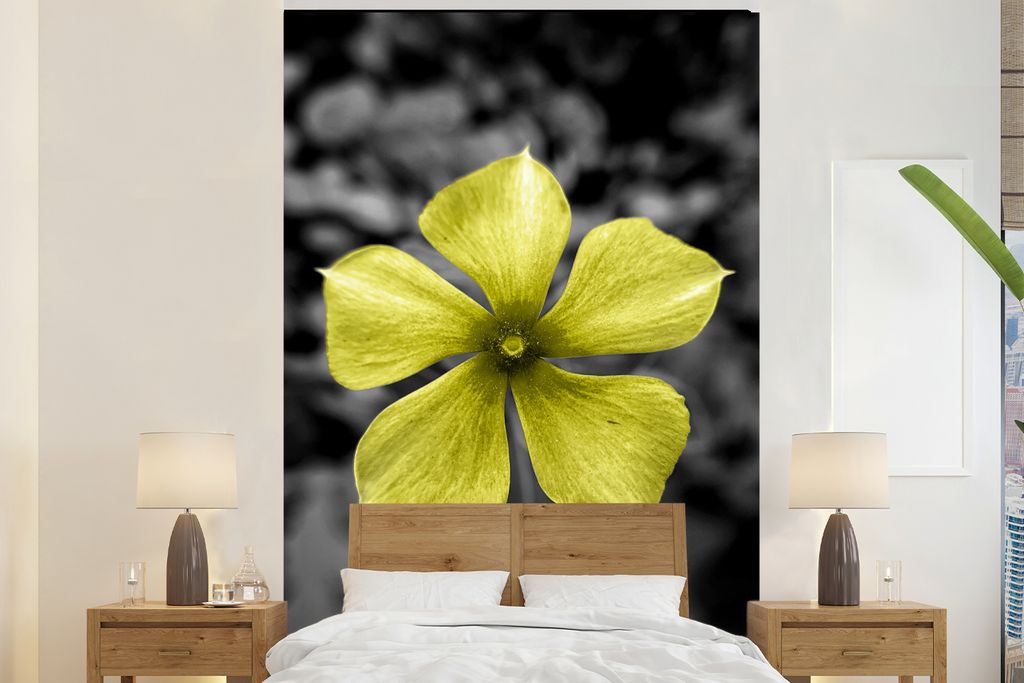 MuchoWow Fototapete für Wohnzimmer oder Schlafzimmer Wandtapete Vinyl Motivtapete Blumen - Gelb - Schwarz - Weiß - 155x240 cm - Tapete