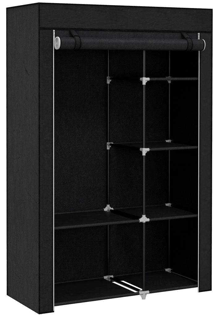 Stoffkleiderschrank mit Kleiderstange und 6 offenen Regalböden, 103x43x162,5 cm, Schwarz - Reißverschlusstür - Vliesabdeckung - pulverbeschichte...