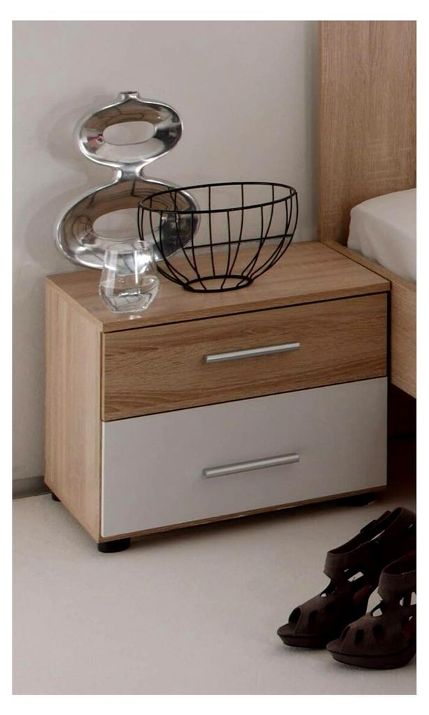 Nachttisch in Eiche Sonoma Optik, weiß - Nachtschrank mit zwei Schubladen - 46 x 40 x 41 cm (B/H/T)