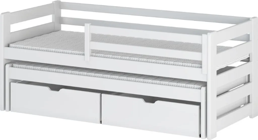 Lit enfant en bois massif blanc 90x200 avec barrière de sécurité et lattes