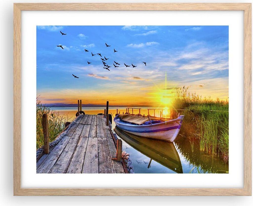 Gerahmtes Poster - Rahmen in heller Eiche - See Boot Wasser - 50x40 cm - Wand Bild - Wanddeko - Wandbilder - Kunstposter - Wandposter - Bilderrahme...