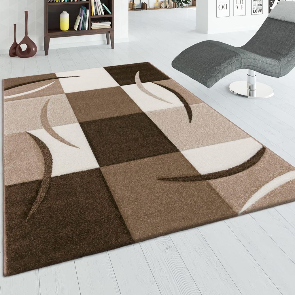 Teppich Kurzflor Karo Wohnzimmer schmutzabweisend Braun Rechteckig 60x110 | 100% Polypropylen, Rücken aus Jute | Florhöhe: 12 mm | nur Handreinigung