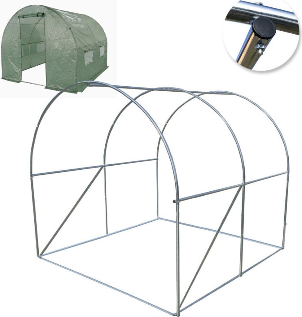 A collage showing a green greenhouse cover and a silver metal frame for a greenhouse.