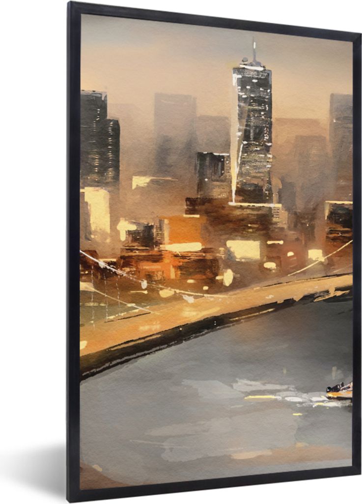 MuchoWow Gerahmtes Poster Gemälde - Öl - Skyline - Stadt - Wasser 20x30 cm - Poster mit Schwarzem Bilderrahmen Wandposter Rahmen Foto Bilder - ...