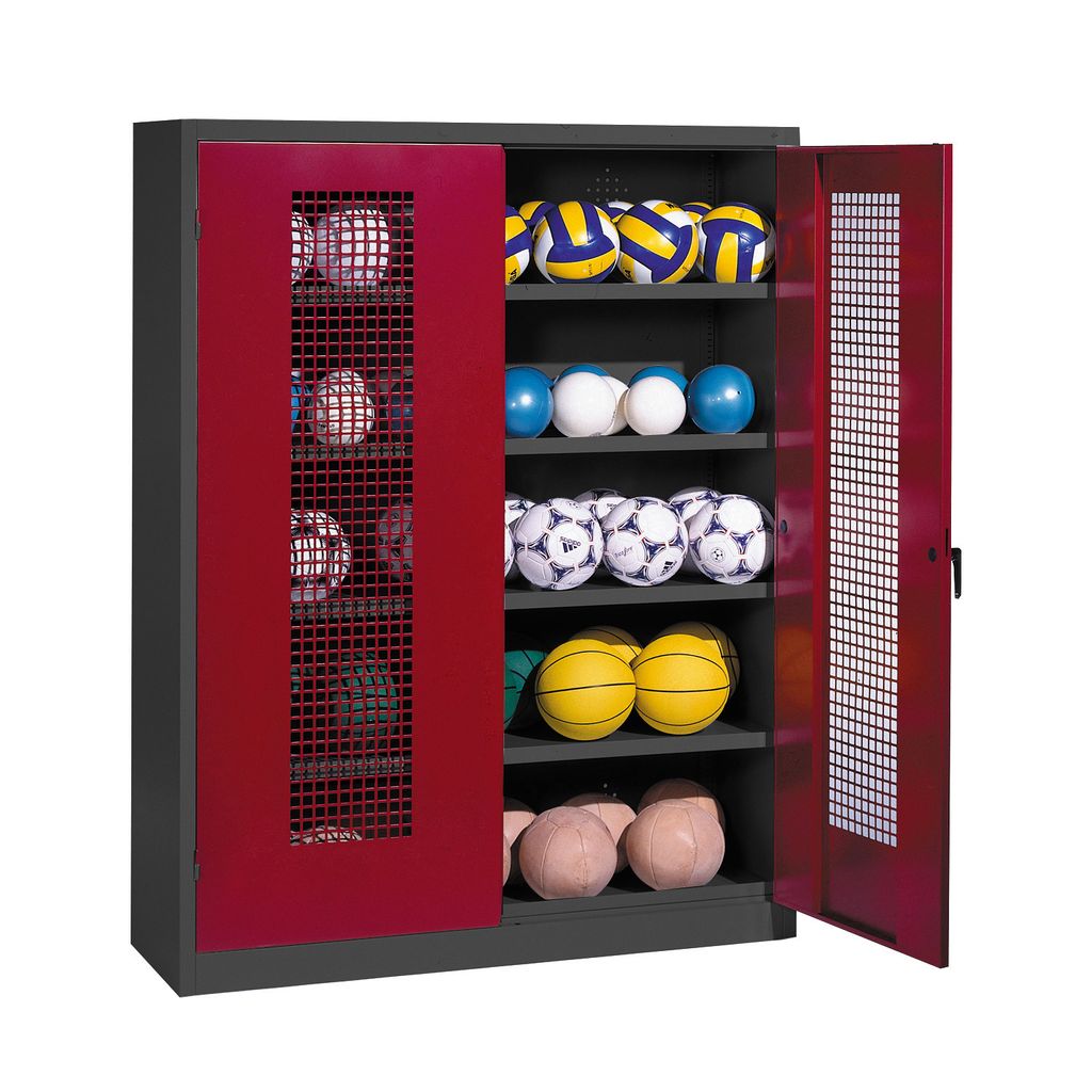 C+P Ballschrank mit Lochblech-Flügeltüren (Typ 3), HxBxT 195x150x50 cm, Ergo-Lock Muldengriff, Rubinrot (RAL 3003), Anthrazit (RAL 7021), Einzels...