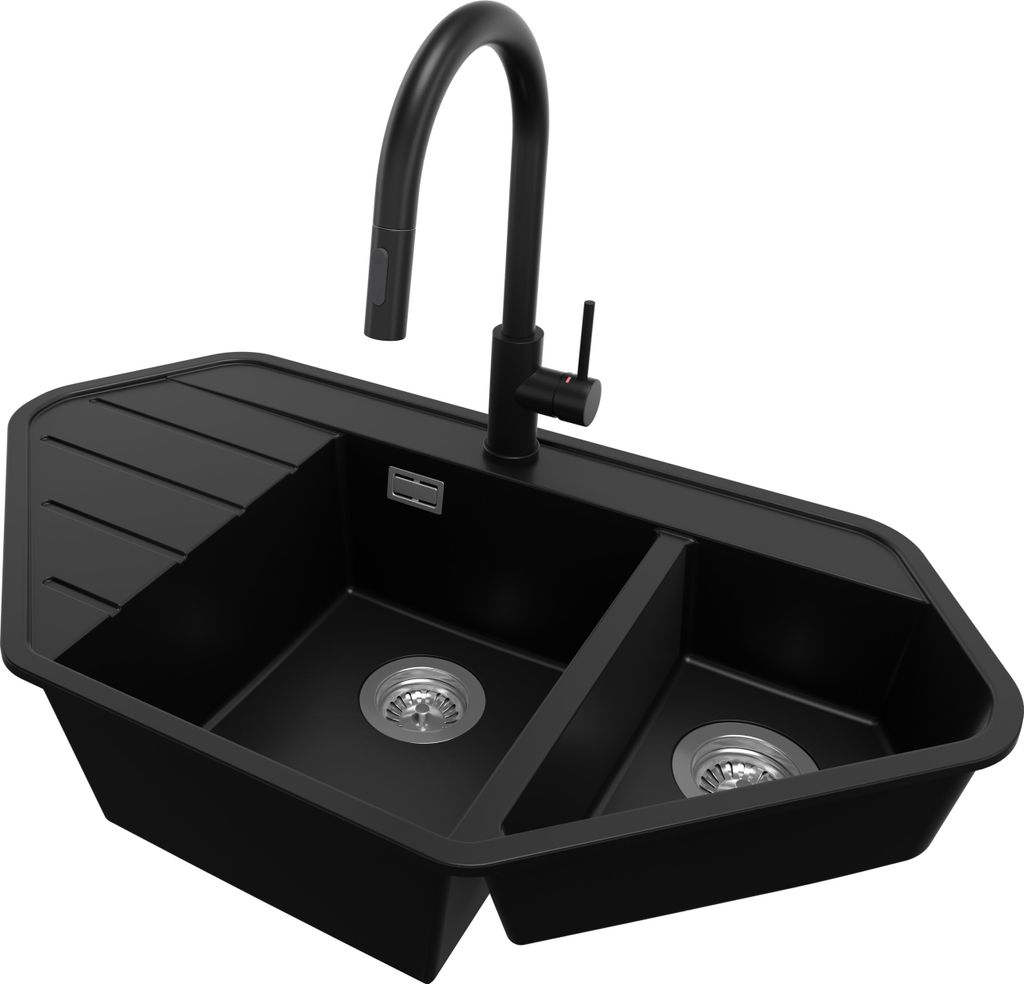 PRIMAGRAN Granitspüle Schwarz 90x50cm, Eckspüle 1,5 Becken + Küchenarmatur 40x20cm + Ablauf-Set, Küchenspüle ab 80er Unterschrank - Kopenhagen...