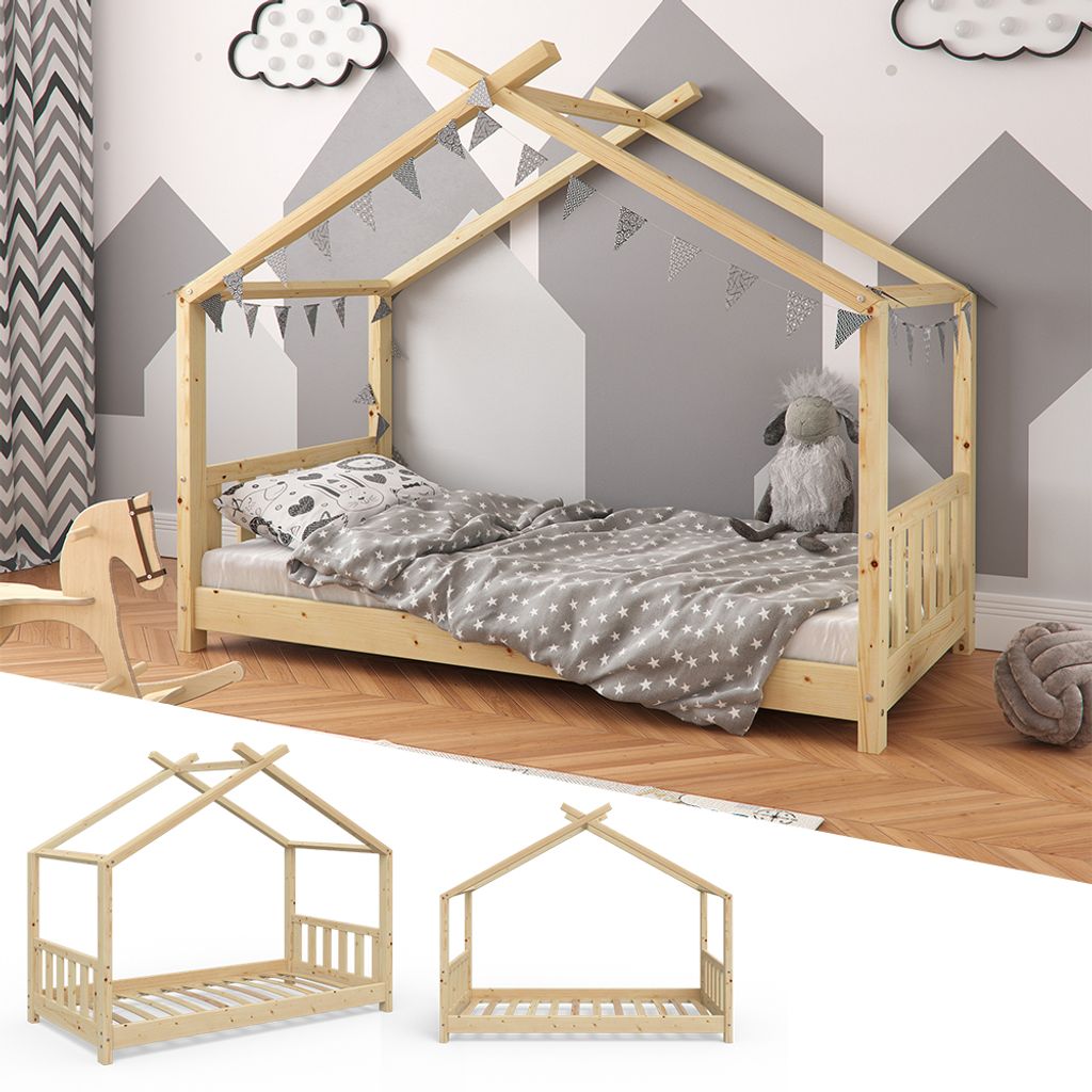 Kinderbett 80x160cm Haus Holz Natur Bettenhaus Hausbett Kinder Bett en.casa 